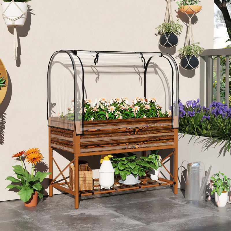 Lit de jardin surélevé en métal avec housse, effet bois brun foncé, Brun