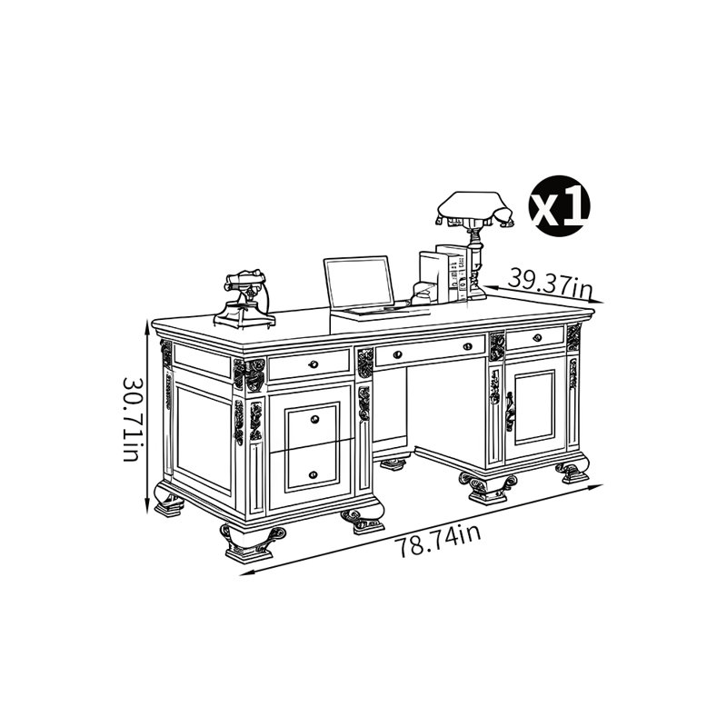 Bureau de style européen sculpté, H 30,71 po x l 78,74 po x P 39,37 po