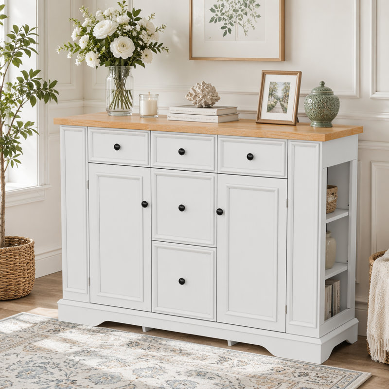 Buffet avec rangement, console de cuisine avec 5 tiroirs, 2 armoires, tablettes réglables, buffet, White