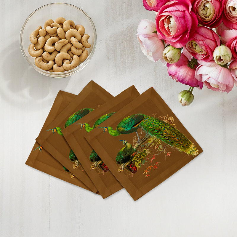 Family Pheasants Cotton Sateen Cocktail Napkins, Brown