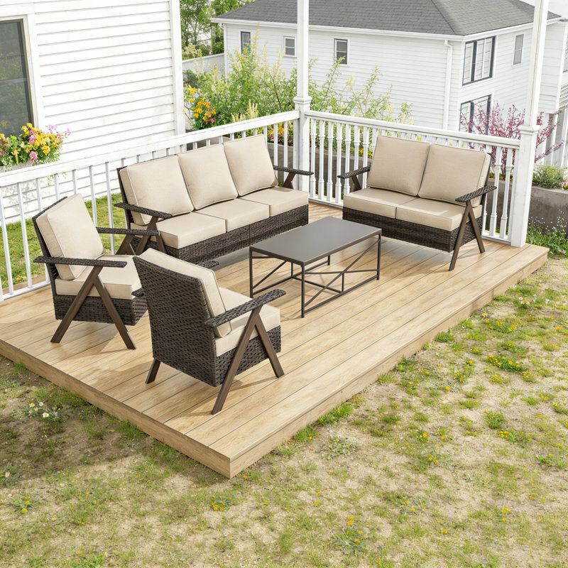 5 Piece Outdoor Wicker Conversation Set With Two Sofas Two Single Chairs And Coffee Table Beige Cushions Brown Table