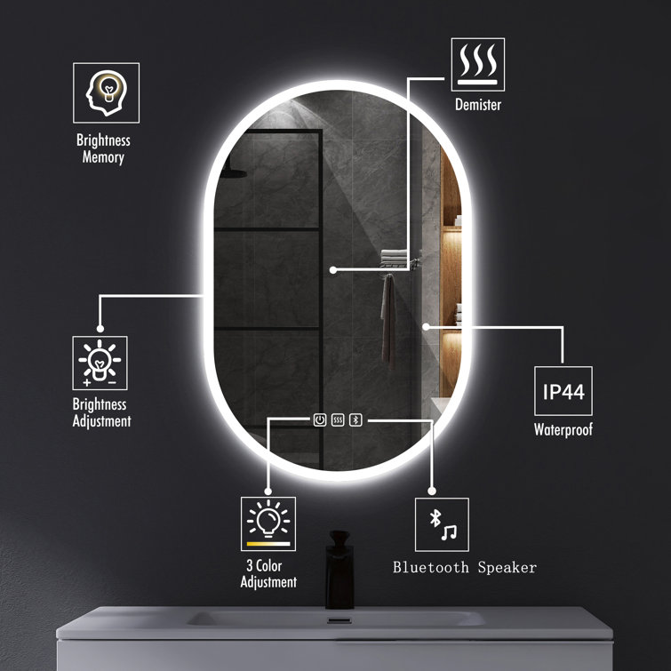 24 in. W x 36 in. H Oval Frameless LED Light Bathroom Vanity Mirror Ivy Bronx
