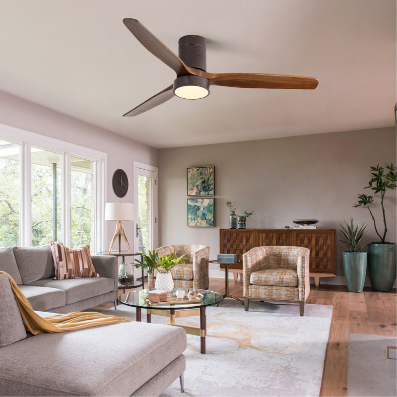 52 Inch Flush Mount Ceiling Fan With LED Light And Remote Control Solid Wood Blades