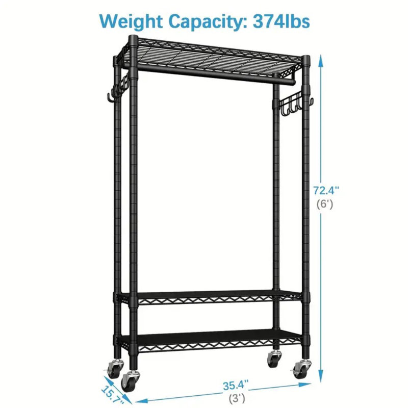 Portant à vêtements robuste avec roulettes verrouillables, support à vêtements en acier au carbone à 3 niveaux, 3 tablettes en métal et crochets doubles, capacité de 450 lb, organisateur de garde-robe peu encombrant pour la maison / la vente au détail