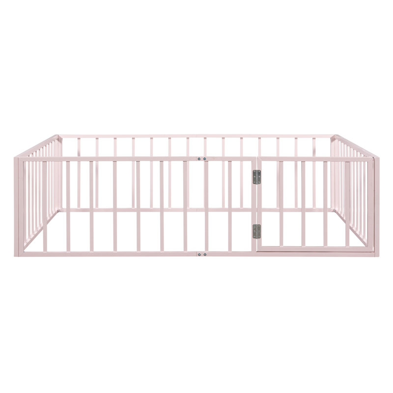  Structure de lit au sol en métal avec clôture de sécurité et porte - Structure de lit robuste pour chambre d'enfant, Rose