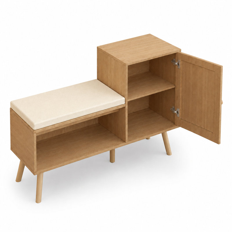 Banc de rangement pour chaussures 2 en 1 avec coussin amovible, tablettes réglables et armoire fermée pour le vestibule