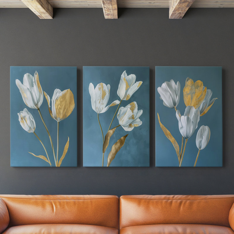 Floral Study Series XLVI - Ensemble de 3 toiles tendues avec châssis - Prêt à être accroché, H 36 po x l 24 po