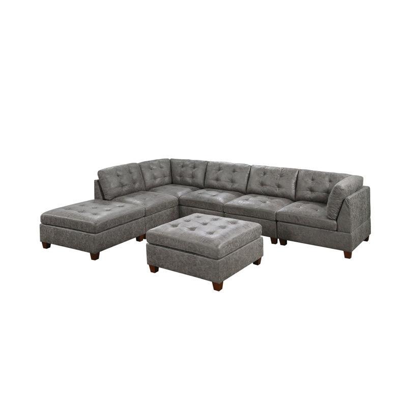 Canapé moderne modulaire modulaire 7 pièces en similicuir respirant, capitonné, 2 coins de coin, 3 fauteuils sans accoudoirs et 2 repose-pieds en forme de L