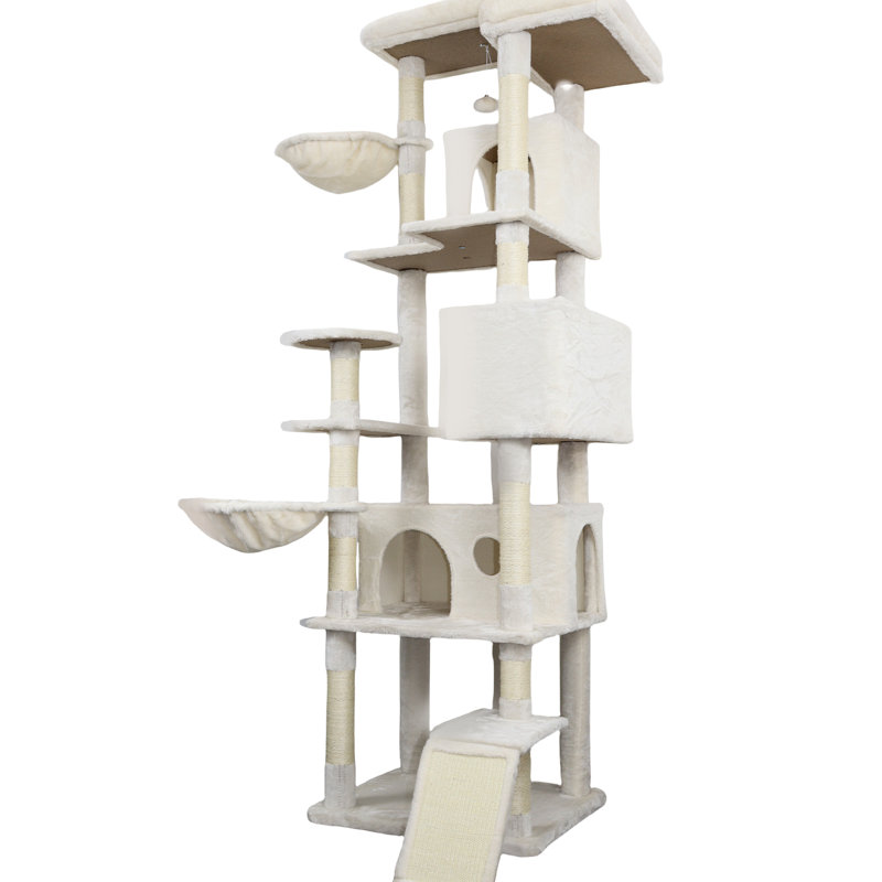 Tour d'arbre à chat beige de 84 pouces avec condos, poteaux à griffer et - Stable pour le divertissement en couleur avec, poteau, plateforme confortable