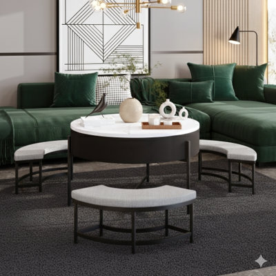 Table basse moderne à plateau relevable avec rangement, accompagnée de 3 repose-pieds en blanc et noir.