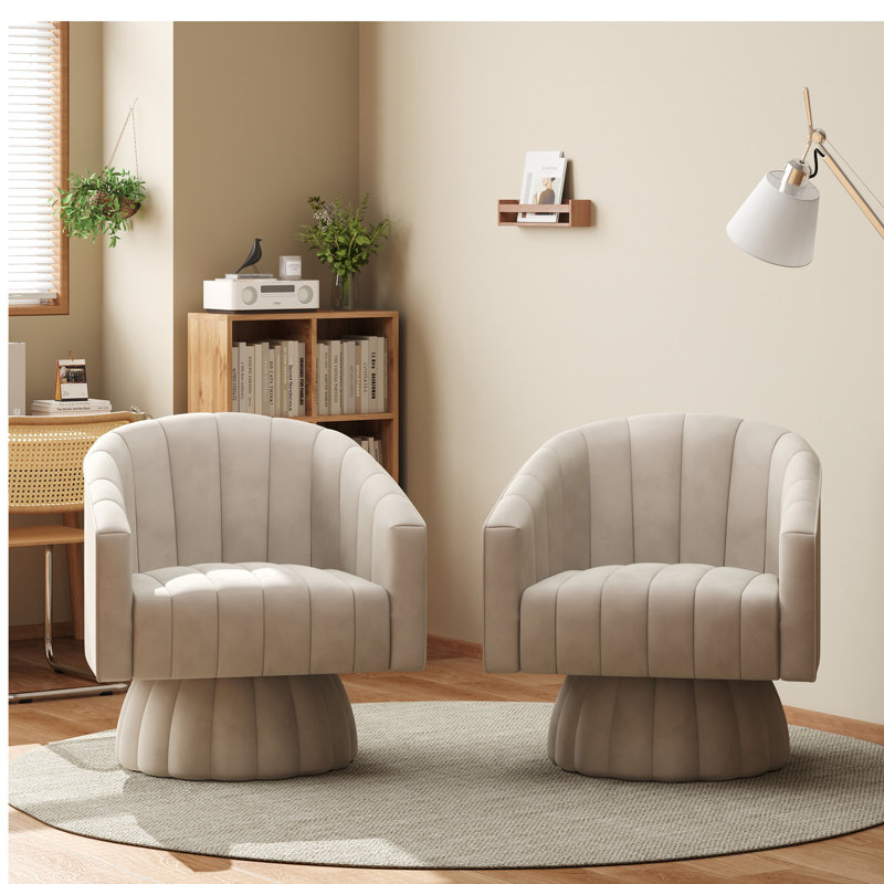 Upholstered Oversize Swivel Armchair (Set Of 2), Beige Polyester