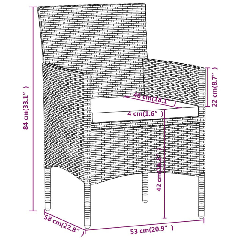 Ensemble de salle à manger long avec coussins, Coussin gris foncé / structure grise, H 29,1 po x l 55,1 po x P 27,6 po, 6