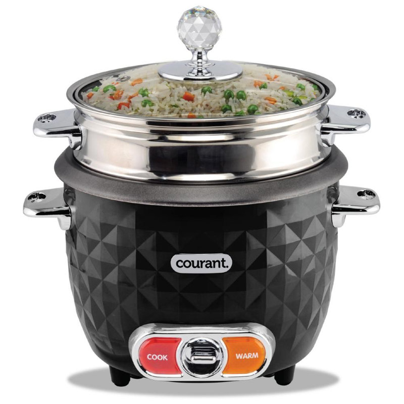 Cuiseur à riz et cuiseur à vapeur de 10 tasses Courant (cuit) avec motif à losanges, cuiseur à vapeur en acier inoxydable, éléments chromés avec poignée en cristal, couvercle en verre, casserole intérieure antiadhésive, comprend une tasse à mes