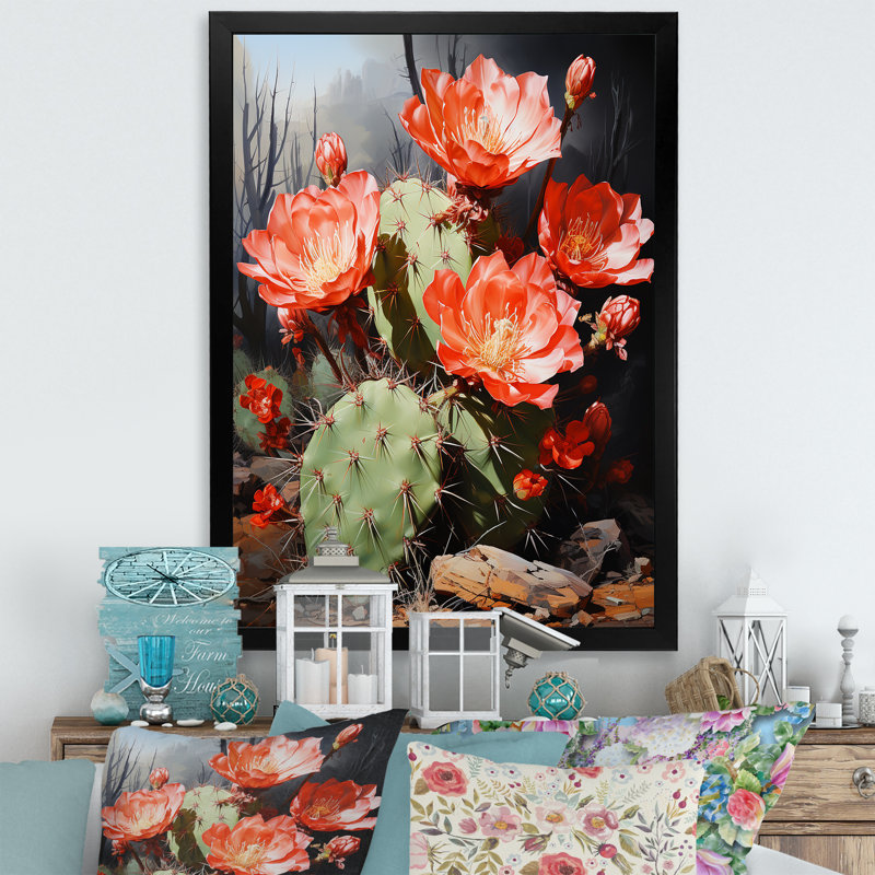 Cactus Ruby Blooms - décoration murale cactus, Cadre simple noir, H 32 po x l 16 po x P 1 po
