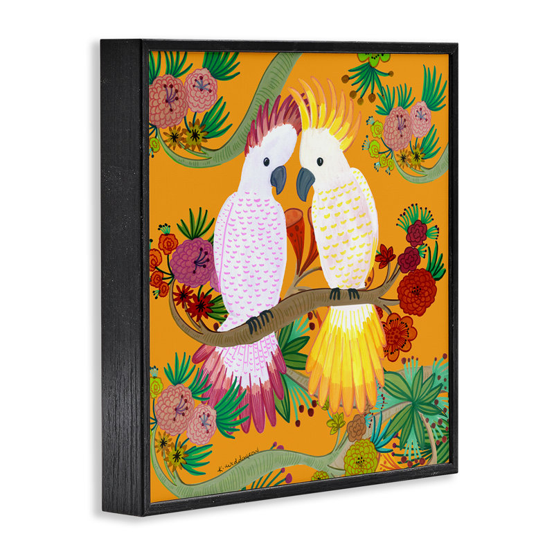 Giclée encadrée de cacatoès et feuillage lumineux, design par Kay Widdowson, H 17 po x l 17 po, Giclée encadrée noir minuit