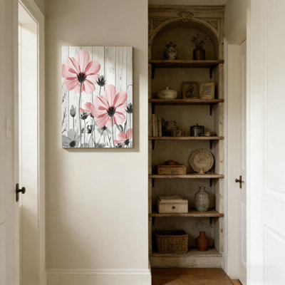 Pink And Gray Floral Wall Art Country Wildflower On Vintage Wood Canvas Solid Wood Frame Support Wall Art 16" X 24"