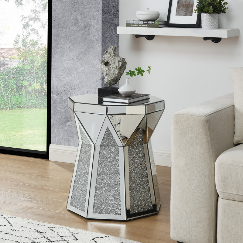 Table basse de style tambour avec incrustation de miroir en cristal, table décorative argent polygonale, mobilier moderne de luxe au design moderne