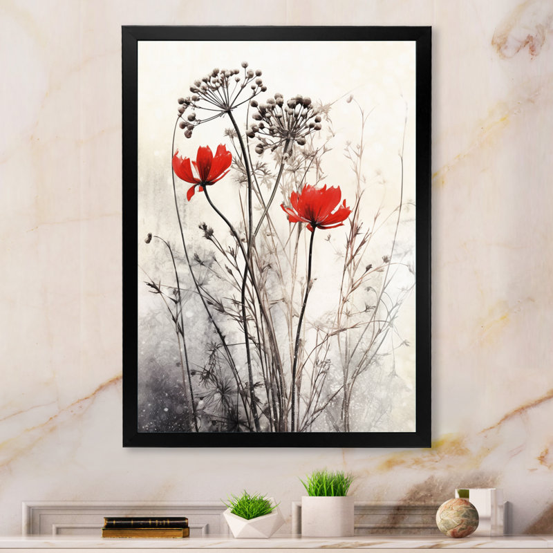 Décoration murale florale rouge et grise I, Noir, H 32 po x l 24 po x P 1 po, Cadre photo unique