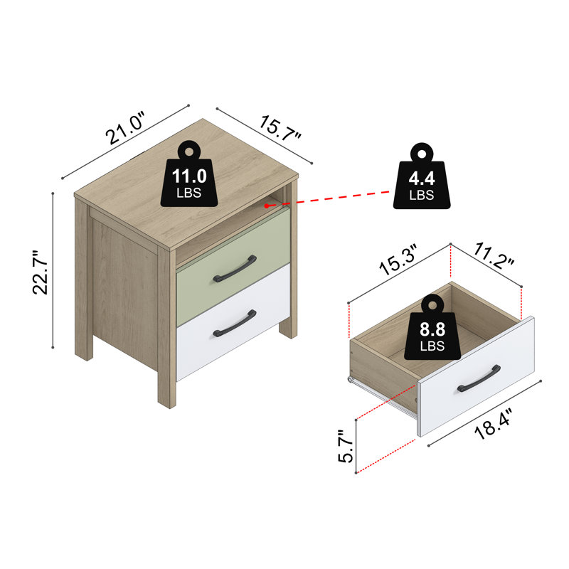 Allysyn Modern 2-Drawer Nightstand Set Of 2, Oslo Oak/Sage Green/White