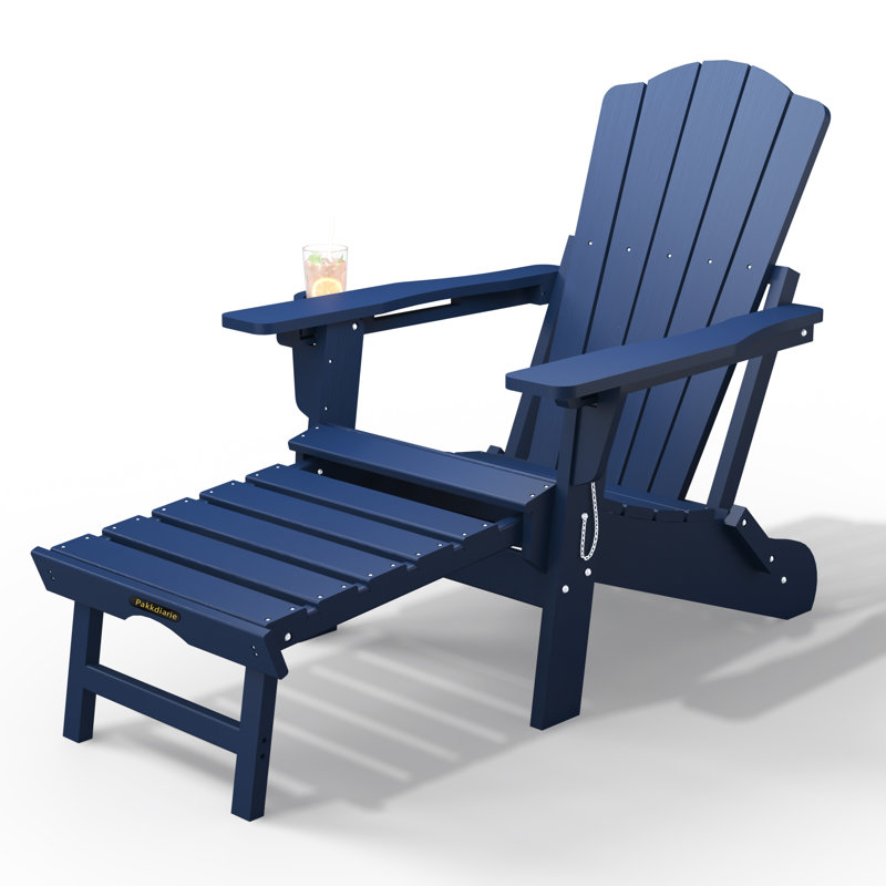 Dareona Pakkdiarie Folding Adirondack Chair with Retractable Ottoman, Outdoor HDPE Reclining Adirondack Chair with Cup Holder for Patios,Lawn,Backyard