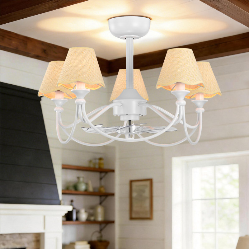 Ventilateur de plafond 28 po à 5 lumières avec 28 lumières et peinture blanche 28 po, Peinture blanche / beige