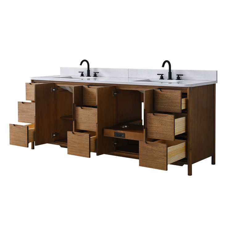 Meuble-lavabo autoportant de 84 po avec plateau en pierre Milano Mist, tablette électrique dissimulée et support pour sèche-cheveux