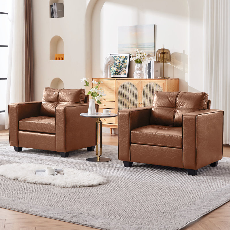 38” Wide Faux Leather Armchair(Set Of 2), Brown