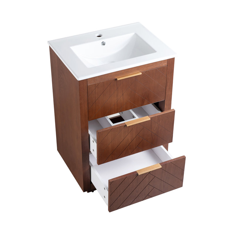 Daxton 24" Freestanding Bathroom Vanity in Brown Oak with Sink Top, White