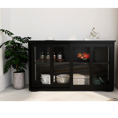 Kitchen Storage Stand Cupboard With Glass Door - Black. Construction For Durability. Large Space Two Sliding Doors And Adjustable Shelves. Non-Slip Bottom Stability. Easy To Assemble. Painted Finish.
