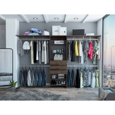 Kohn Plego Closet Organization System, with Open & Closed Storage, 69"/118" Width, Dark Walnut
