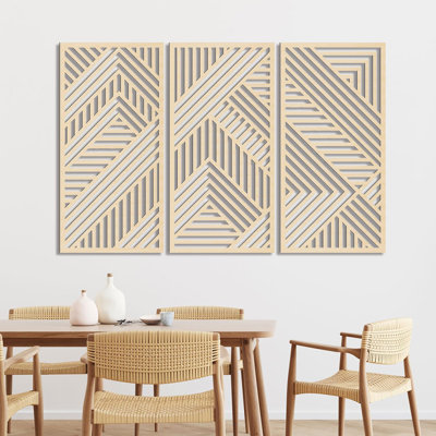 Boho Beige Wooden Wall Art, Minimalist Geometric Wall Decor, Mid Century Modern Hollow Craft Artwork For Bedroom Living Room Dining Room, Set Of 3 Each 16x32 Inch Ideal Gift For House