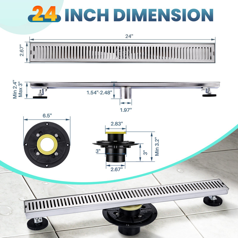 24 Inch Shower Linear Drain, 304 Stainless Steel Shower Floor Drain with Grate Removable, Rectangular Floor Drain with Accessories