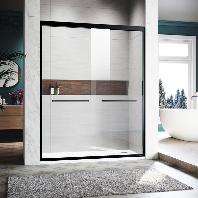 Matte Black Semi-Frameless Sliding Shower Door with Clear Tempered Glass