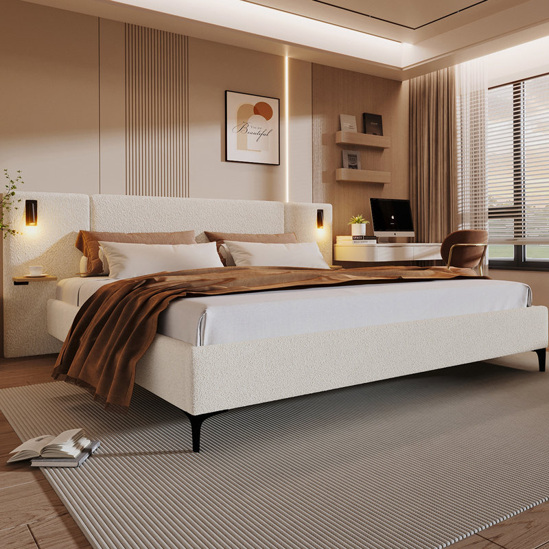 Lit rembourré sophistiqué Boucle avec lampes de lecture intégrées et étagères, idéal pour une configuration de chambre confortable et pratique
