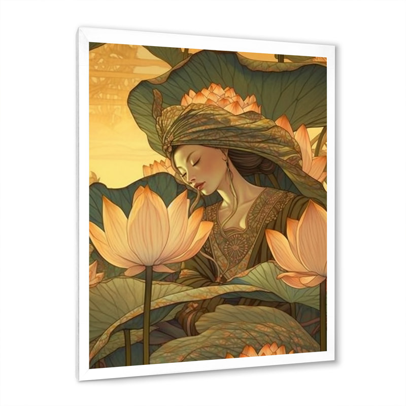 Lotus Goddess In Faded Retro Colors sur impression sur toile, H 44 po x l 34 po, Cadre simple blanc