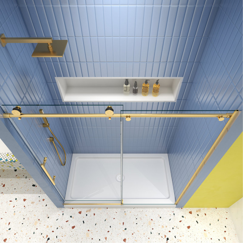 Porte de douche coulissante - Verre trempé 5/16 po, or brossé, réglable aux surfaces inégales, 56-60 po x 74 avec glissement en verre lisse,