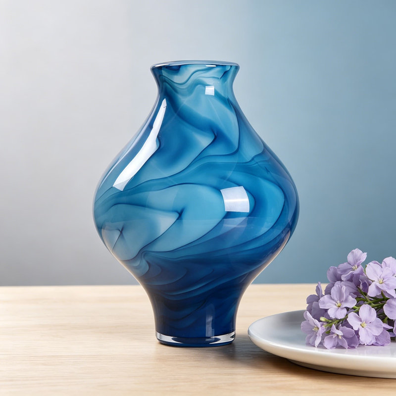 Vase en verre bleu soufflé à la main, vase d'artisan moderne pour la maison et le bureau, pièce maîtresse unique pour table, tablette ou manteau de cheminée