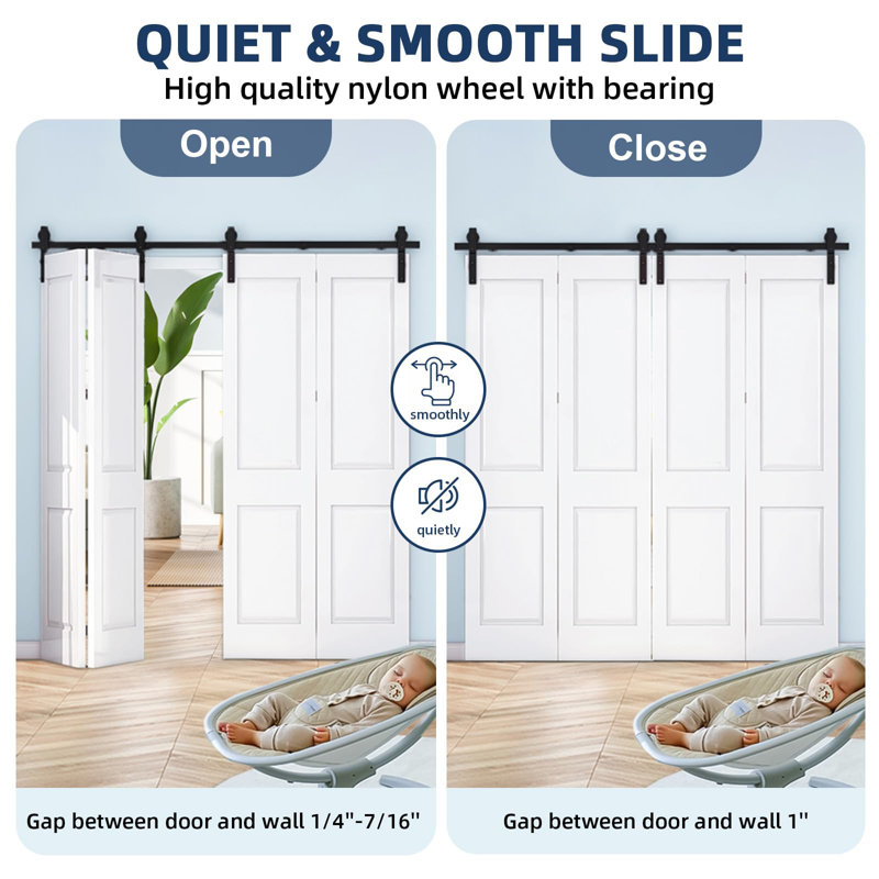 183cm Heavy Duty Bi-Folding Barn Door Hardware Kit | Smooth Quiet Rollers, 360° Brackets, 400lb Steel Rail for 4 Closet Doors