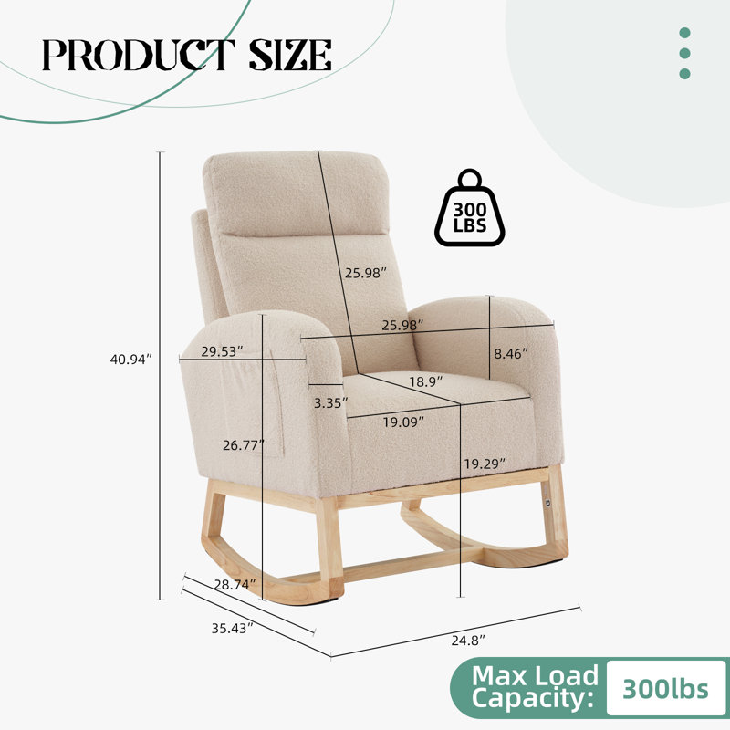 Chaise berçante moderne - dossier haut, accoudoirs, poches latérales, détails en molleton, pieds robustes en bois, Beige