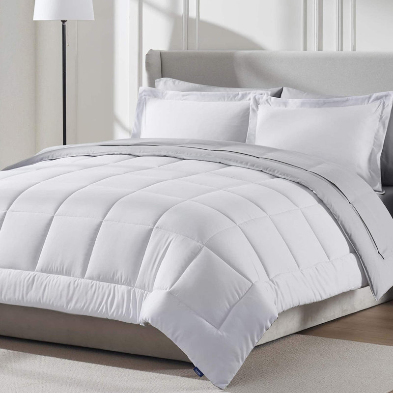 Bed-in-A-Bag Reversible Comforter Set with Bed Sheets & Down Alternative Pillows, White