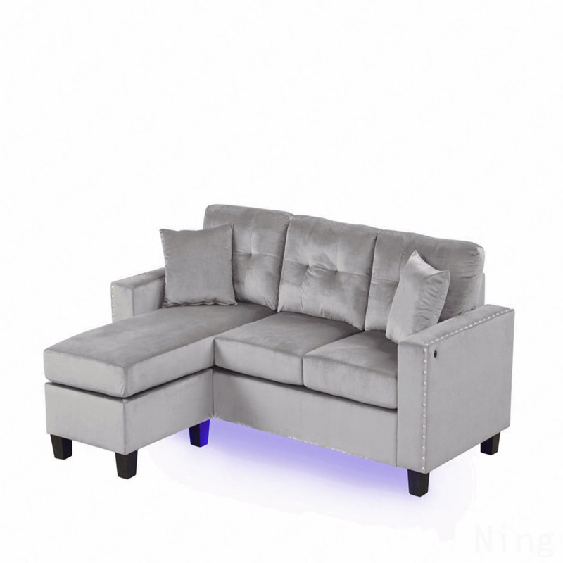 Sorrento 74"W Gray Velvet Reversible Sectional Sofa Chaise With Led Light, Usb Port, Nailhead Trim, Throw Pillows, Tufted Cushion