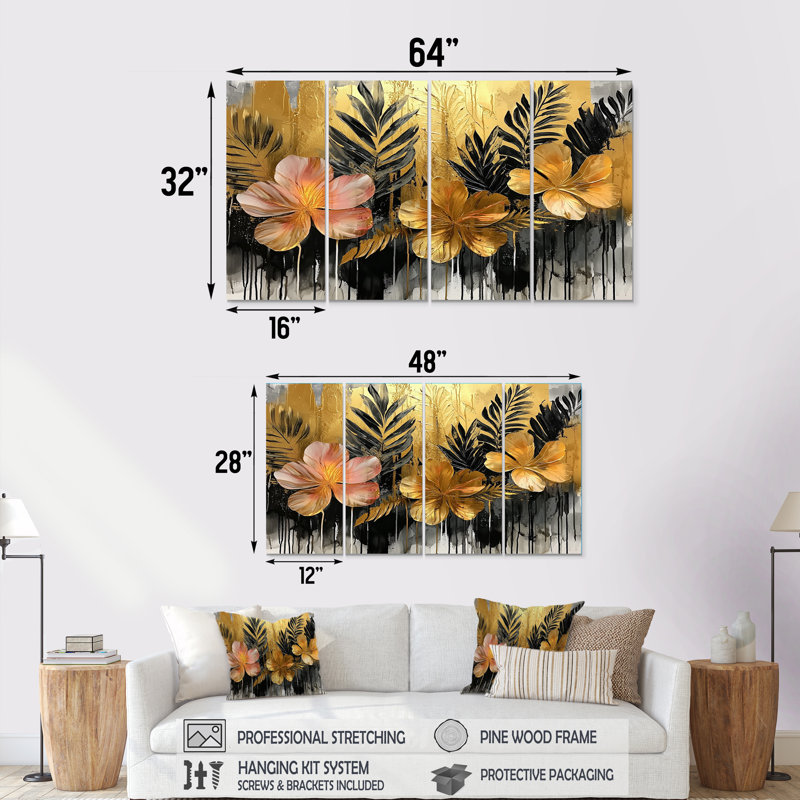 Hibiscus doré dans une symphonie tropicale III - art mural hibiscus - décoration murale traditionnelle, H 28 po x l 48 po, 4