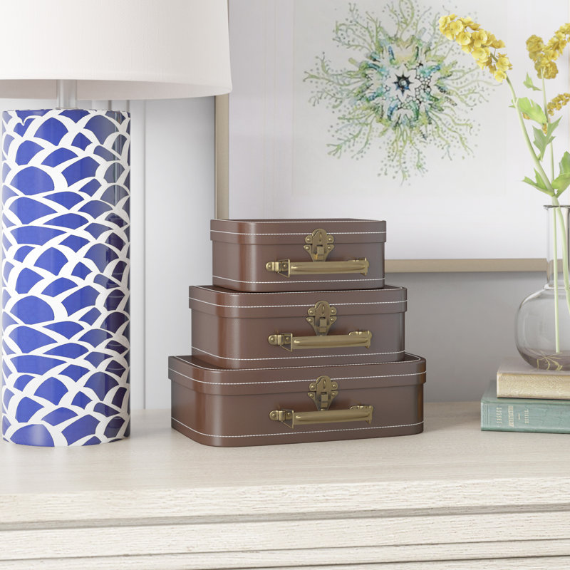 Set of 3 Paperboard Suitcases Decorative Storage Boxes, Brown