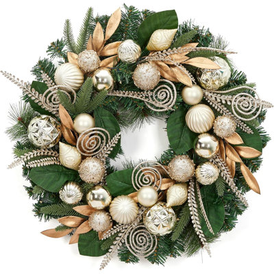 24" Battery Operated Pre-Lit Christmas Wreath with Gold LED Lights and Ornaments for Front Door Decor