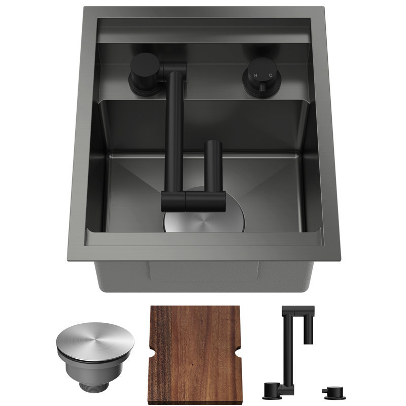 9 L Kitchen Sink Rv Sink With A Foldable Tap Inside, Matte Black