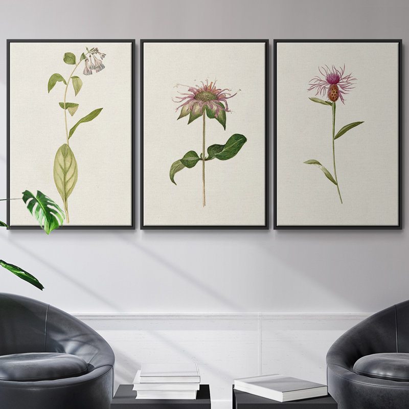 Mauve Garden Flowers IV, ensemble de 3 toiles encadrées sur toile, H 36 po x l 72 po x P 2 po, Cadre noir