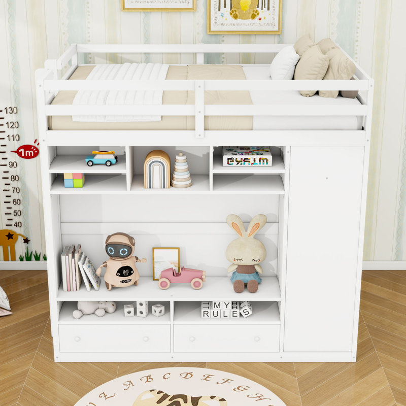 Lit mezzanine double avec tiroirs, tablettes et éclairage DEL, Blanc