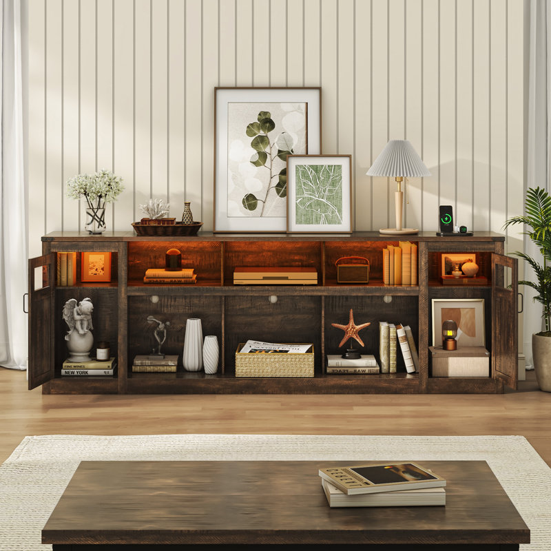 95" Farmhouse Tv Stand For Tvs Up To 100 Inch With Power Outlets, Large Media Console With Led Lights For Living Room, Brown