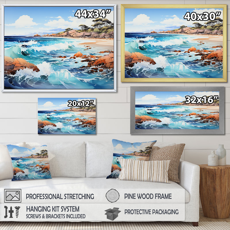 «Blue Beach Waves Fusion IV» - Art mural sur toile nautique et plage, H 34 po x l 44 po x P 1,5 po, Cadre flottant blanc
