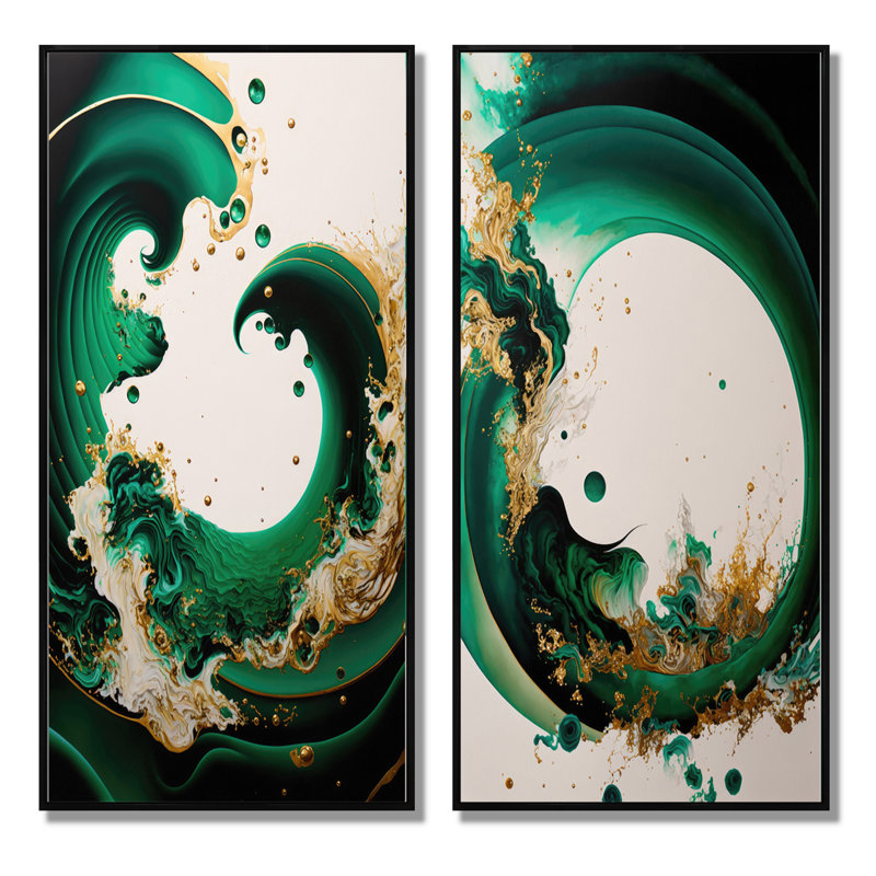 «Green Gold Abstract Waves», ensemble de 2 toiles - vert émeraude et vagues abstraites dorées I, Cadre noir